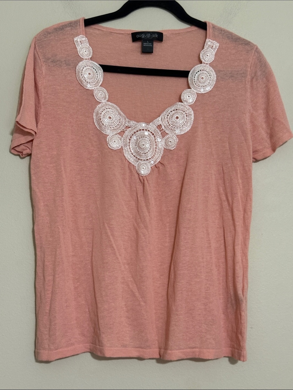 august silk Peach Short Sleeve Tee blouse women L linen Applique details boho